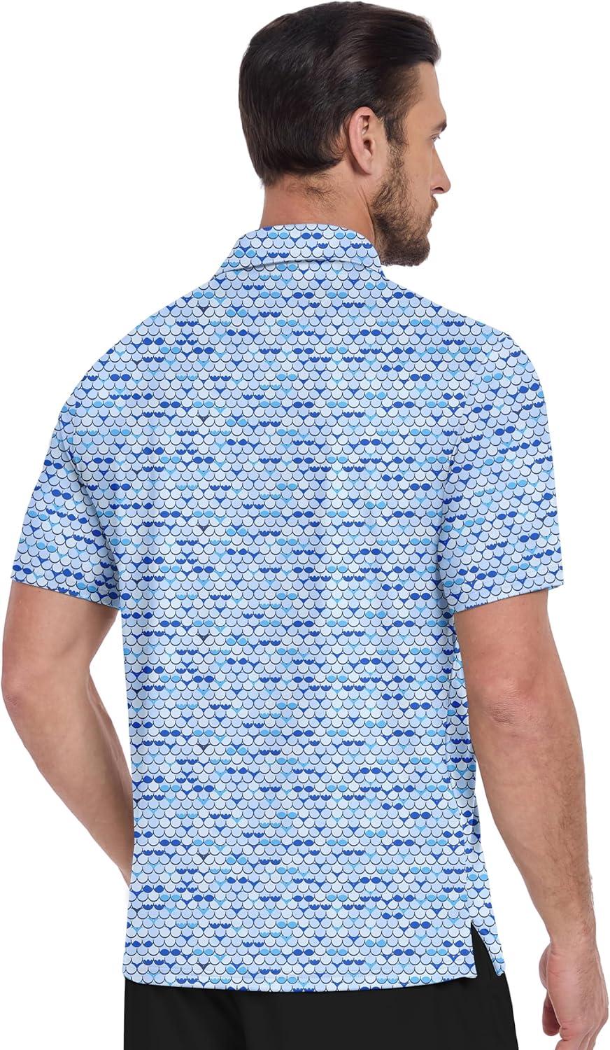imageZITY Mens Golf Shirt Short Sleeve Moisture Wicking Performance Daily Casual Print Patterns Collared Golf Polo Shirts for MenBlue White