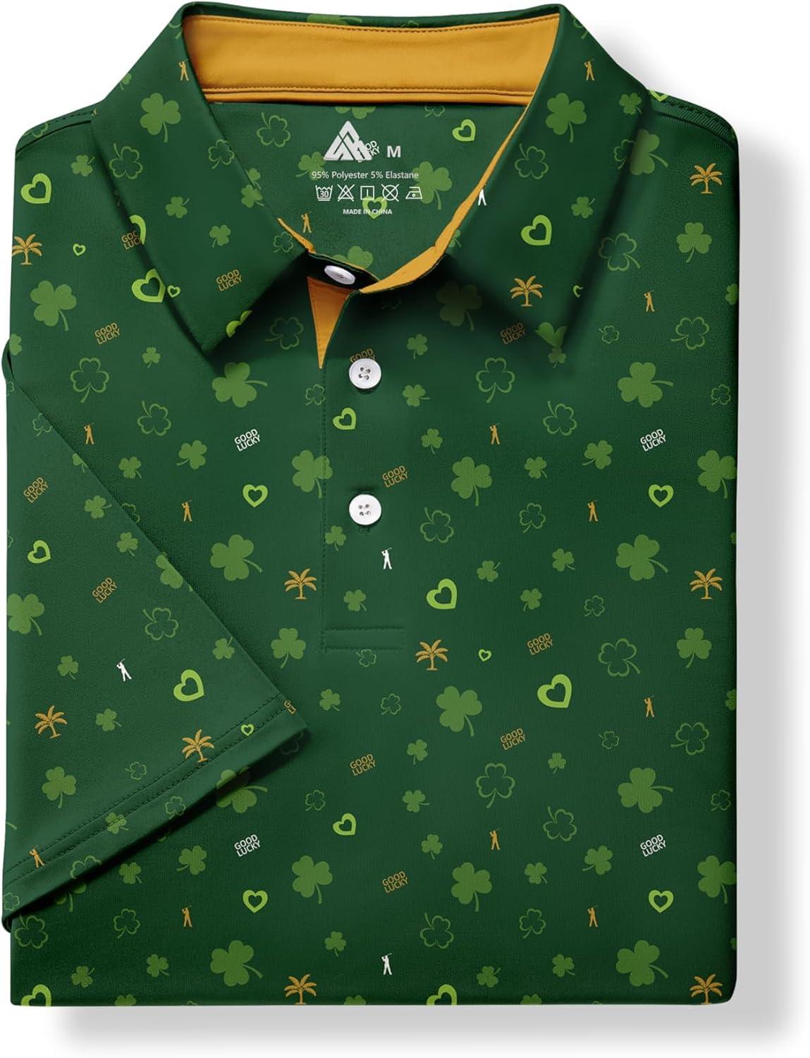 imageZITY Mens Golf Shirt Short Sleeve Moisture Wicking Performance Daily Casual Print Patterns Collared Golf Polo Shirts for MenBright Green