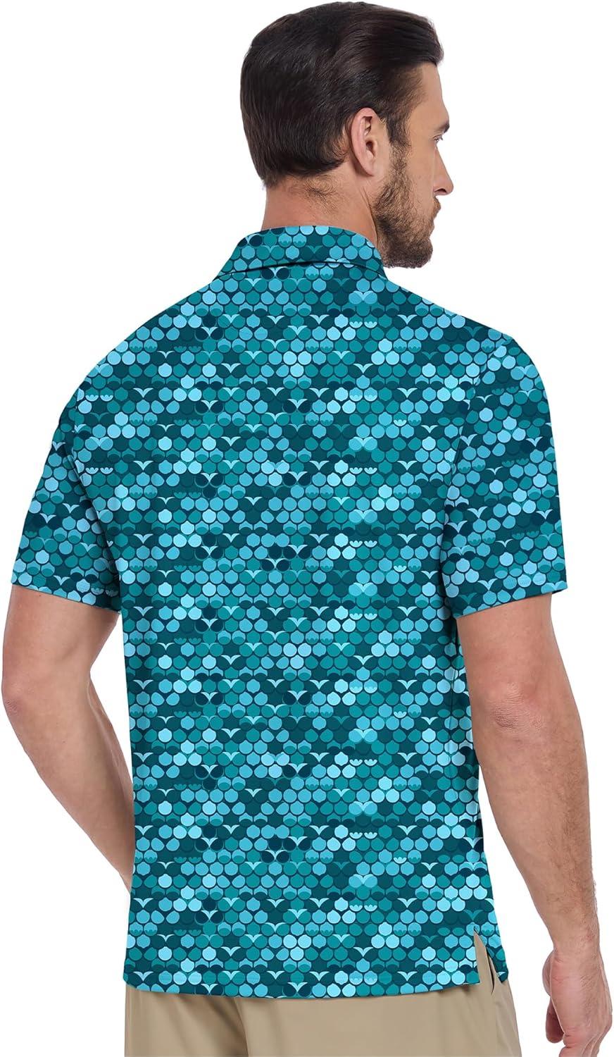 imageZITY Mens Golf Shirt Short Sleeve Moisture Wicking Performance Daily Casual Print Patterns Collared Golf Polo Shirts for MenCyan