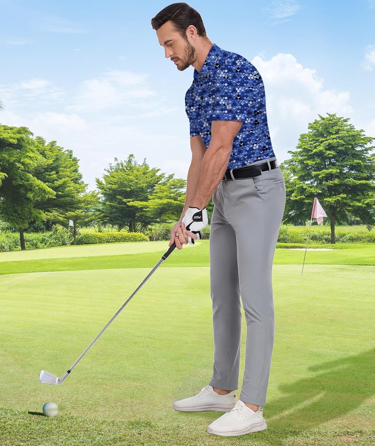 imageZITY Mens Golf Shirt Short Sleeve Moisture Wicking Performance Daily Casual Print Patterns Collared Golf Polo Shirts for MenDeep Blue Light Grey