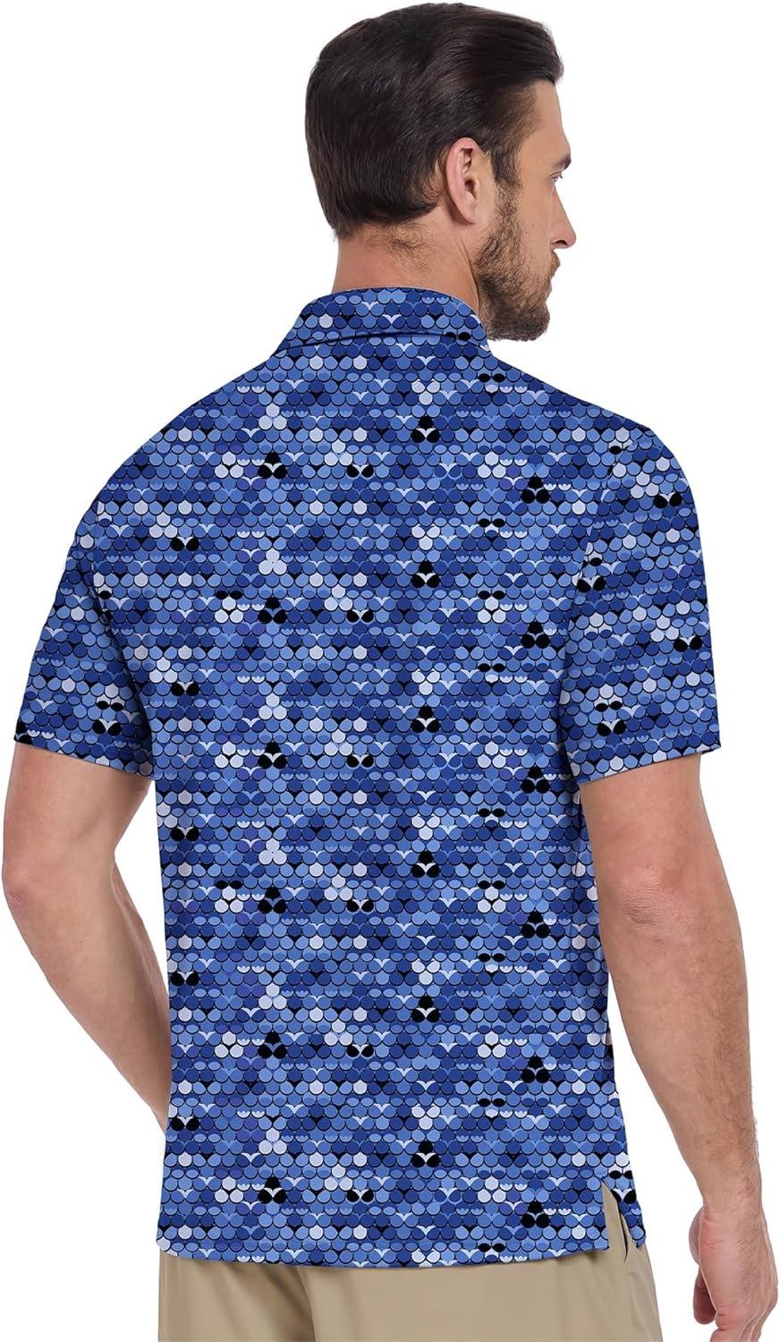 imageZITY Mens Golf Shirt Short Sleeve Moisture Wicking Performance Daily Casual Print Patterns Collared Golf Polo Shirts for MenDeep Blue Light Grey