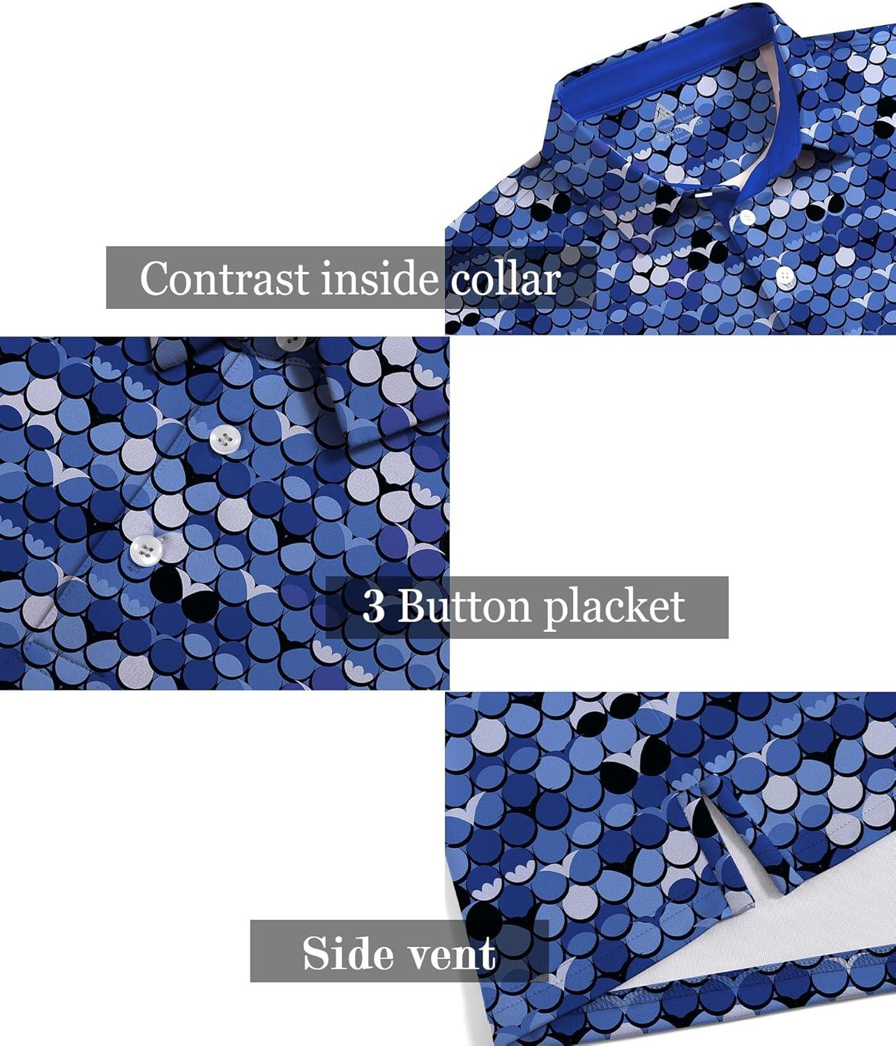 imageZITY Mens Golf Shirt Short Sleeve Moisture Wicking Performance Daily Casual Print Patterns Collared Golf Polo Shirts for MenDeep Blue Light Grey