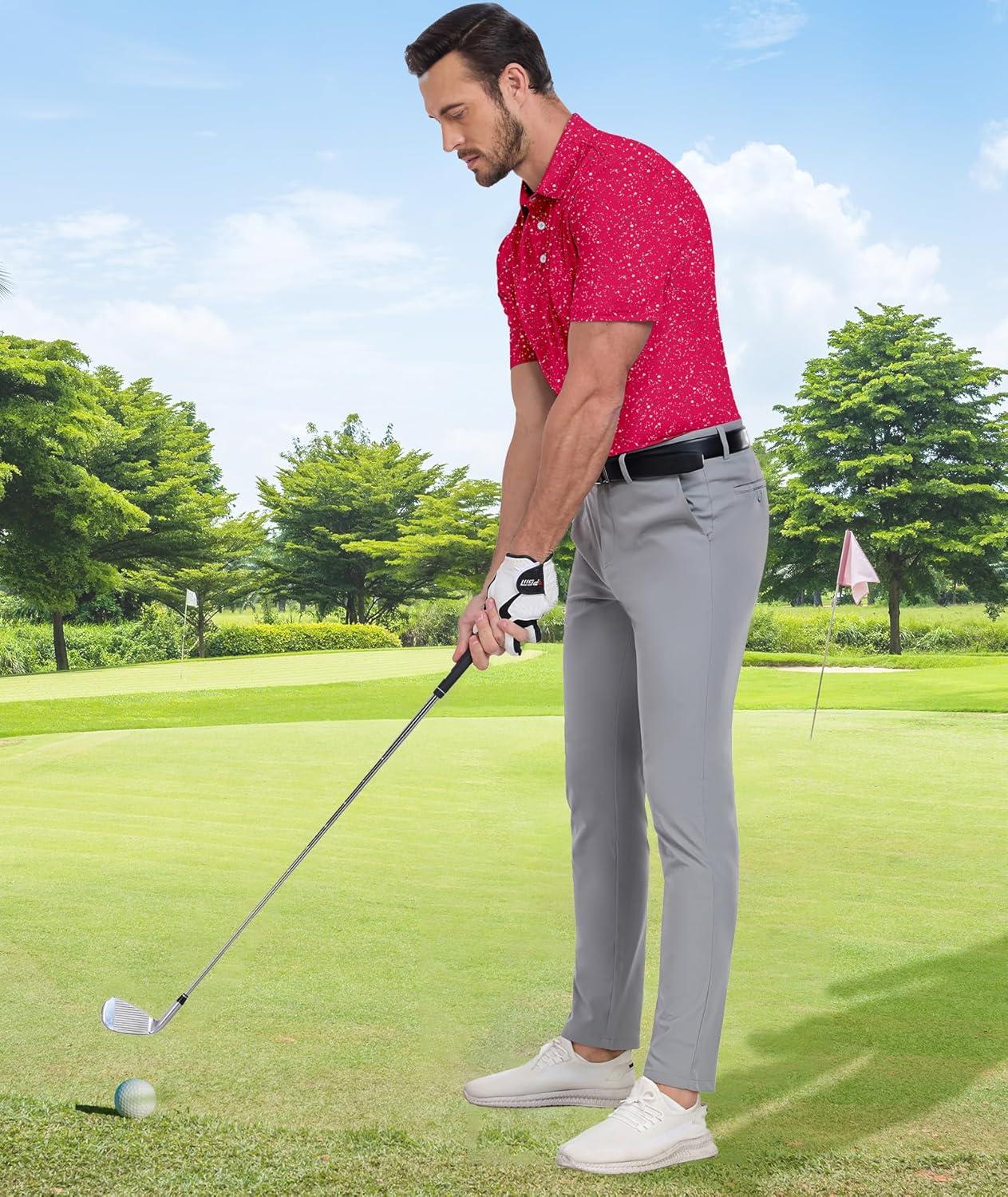 imageZITY Mens Golf Shirt Short Sleeve Moisture Wicking Performance Daily Casual Print Patterns Collared Golf Polo Shirts for MenDeep Red
