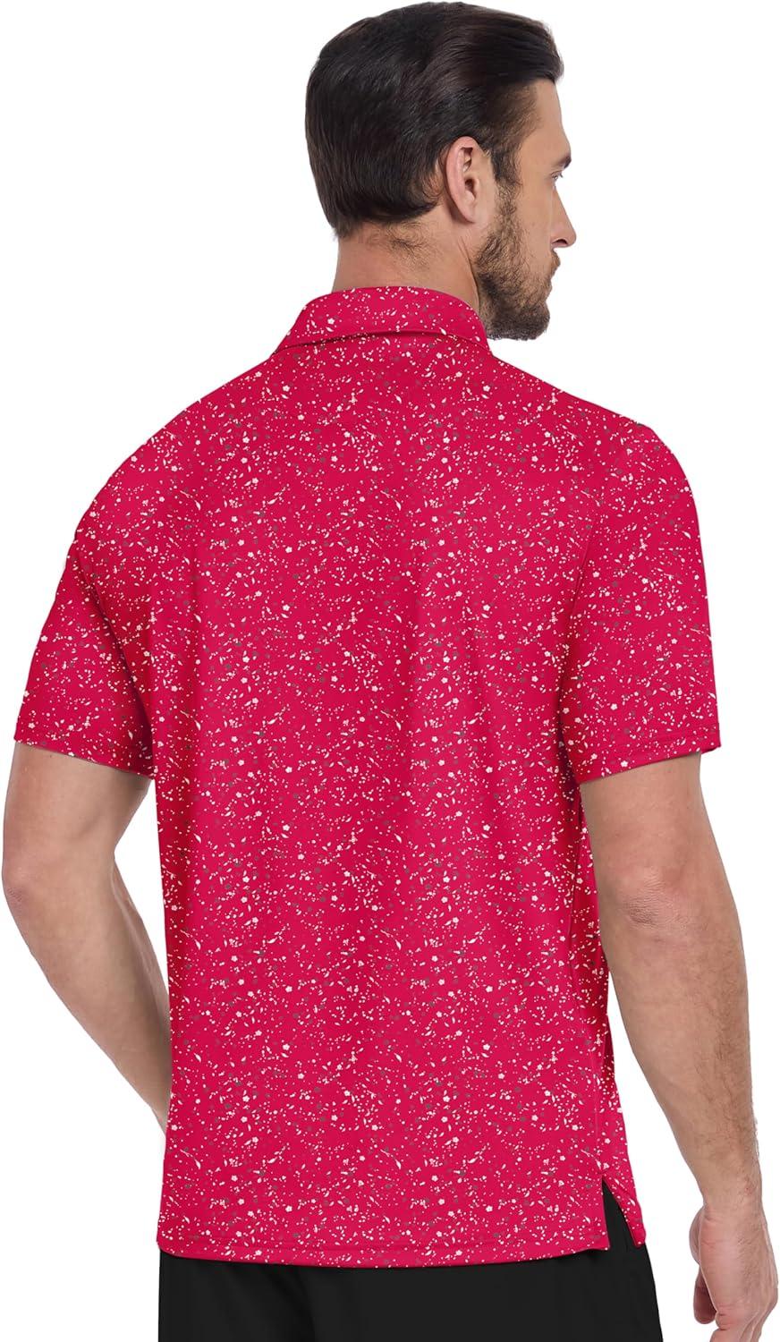 imageZITY Mens Golf Shirt Short Sleeve Moisture Wicking Performance Daily Casual Print Patterns Collared Golf Polo Shirts for MenDeep Red