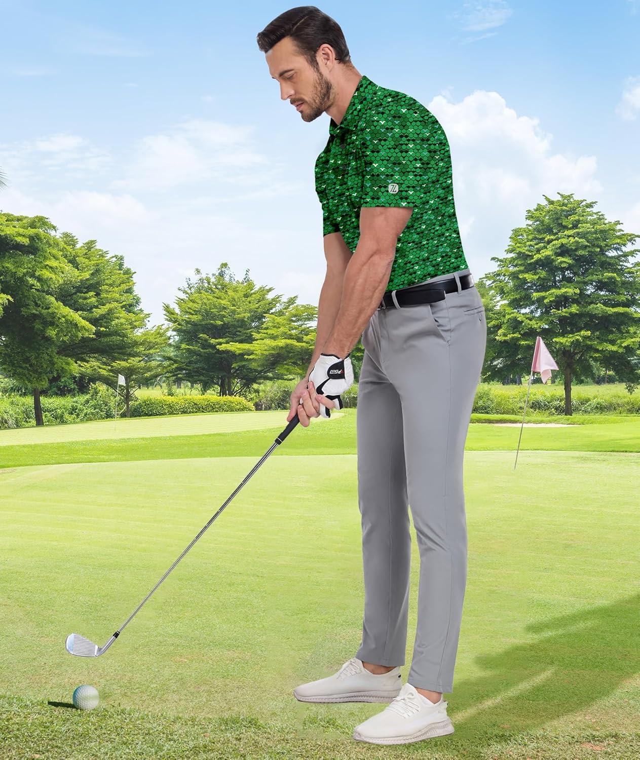 imageZITY Mens Golf Shirt Short Sleeve Moisture Wicking Performance Daily Casual Print Patterns Collared Golf Polo Shirts for MenGrass Green