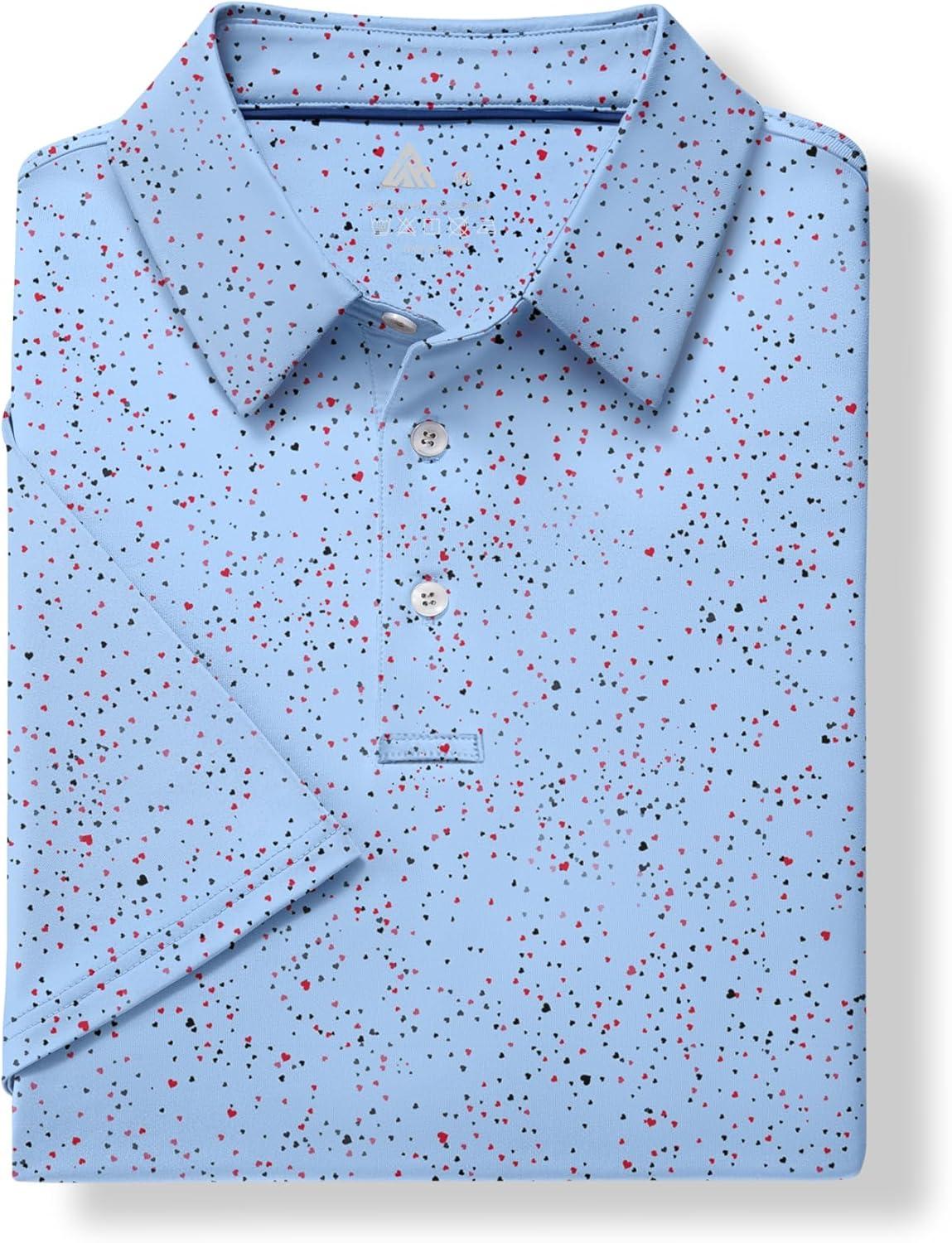 imageZITY Mens Golf Shirt Short Sleeve Moisture Wicking Performance Daily Casual Print Patterns Collared Golf Polo Shirts for MenLight Blue Dots