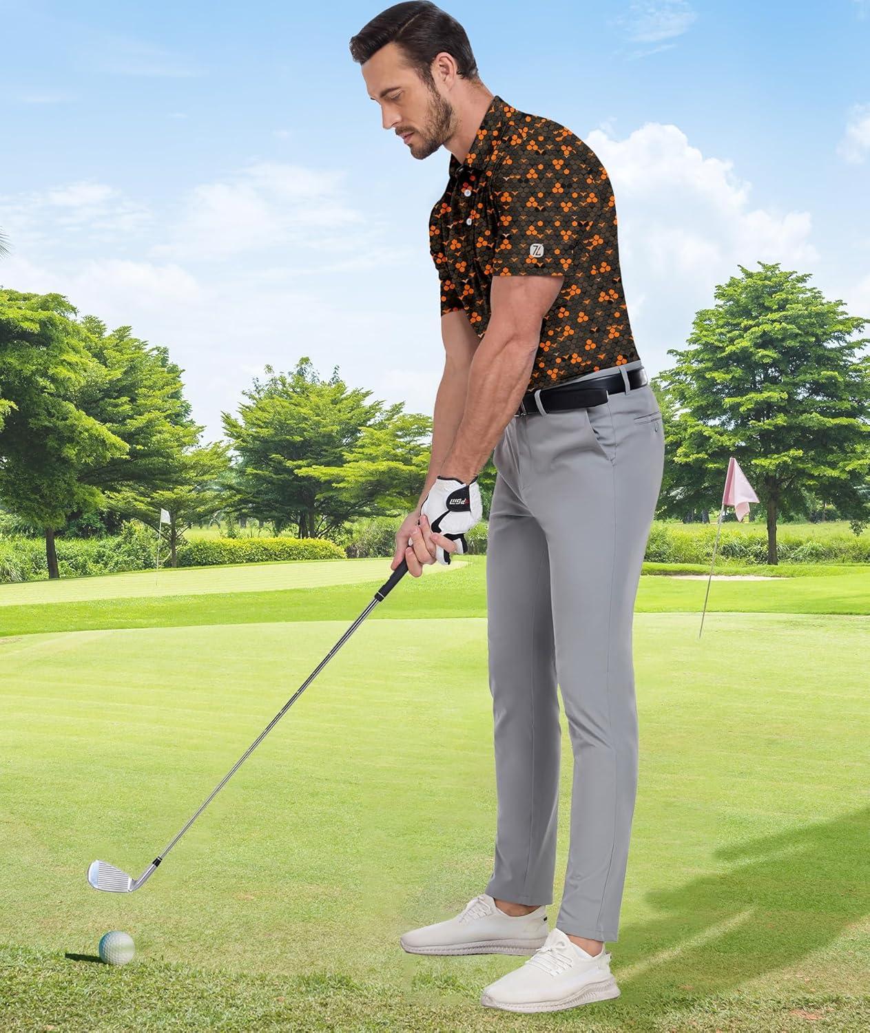imageZITY Mens Golf Shirt Short Sleeve Moisture Wicking Performance Daily Casual Print Patterns Collared Golf Polo Shirts for MenOrange Brown