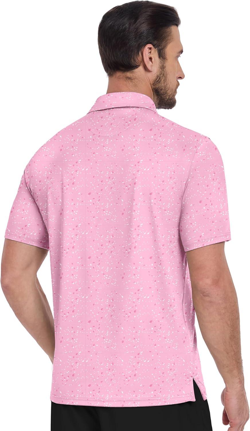 imageZITY Mens Golf Shirt Short Sleeve Moisture Wicking Performance Daily Casual Print Patterns Collared Golf Polo Shirts for MenPink White