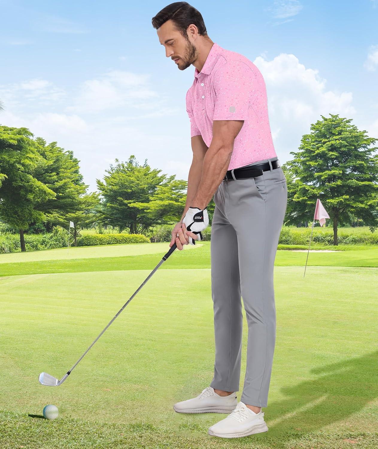imageZITY Mens Golf Shirt Short Sleeve Moisture Wicking Performance Daily Casual Print Patterns Collared Golf Polo Shirts for MenPink White