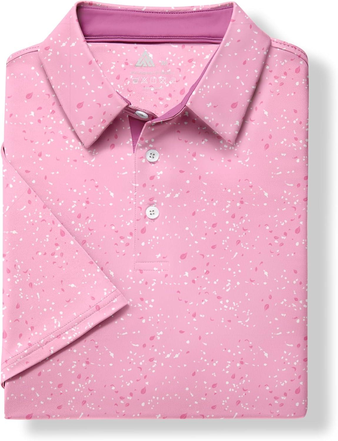 imageZITY Mens Golf Shirt Short Sleeve Moisture Wicking Performance Daily Casual Print Patterns Collared Golf Polo Shirts for MenPink White