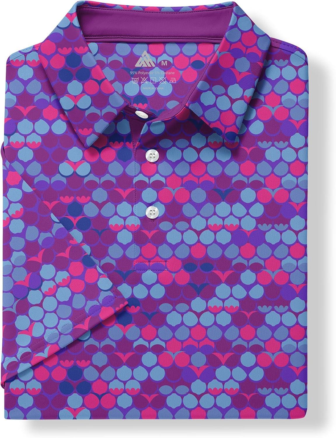 imageZITY Mens Golf Shirt Short Sleeve Moisture Wicking Performance Daily Casual Print Patterns Collared Golf Polo Shirts for MenRose Red Blue