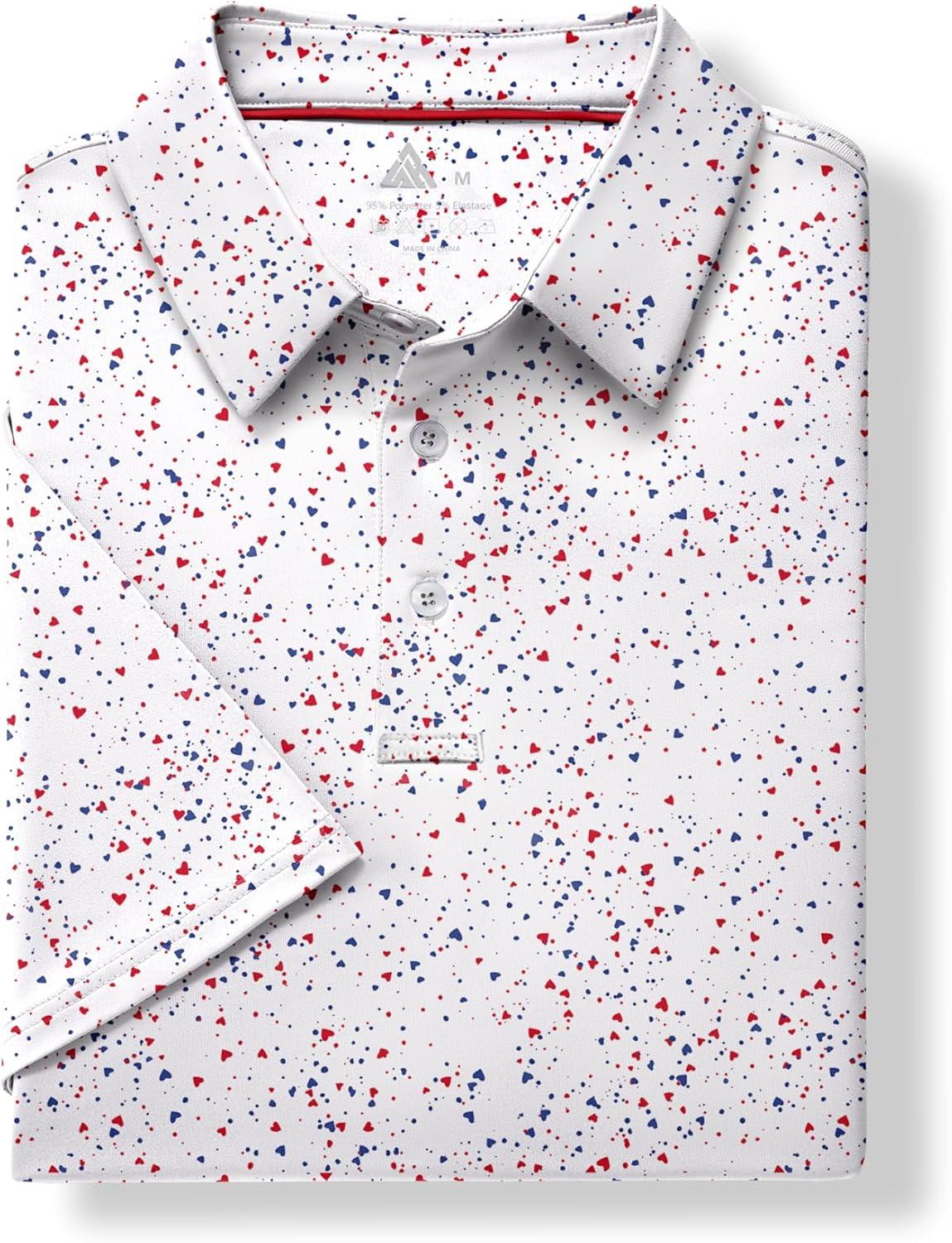 imageZITY Mens Golf Shirt Short Sleeve Moisture Wicking Performance Daily Casual Print Patterns Collared Golf Polo Shirts for MenWhite Red Dots