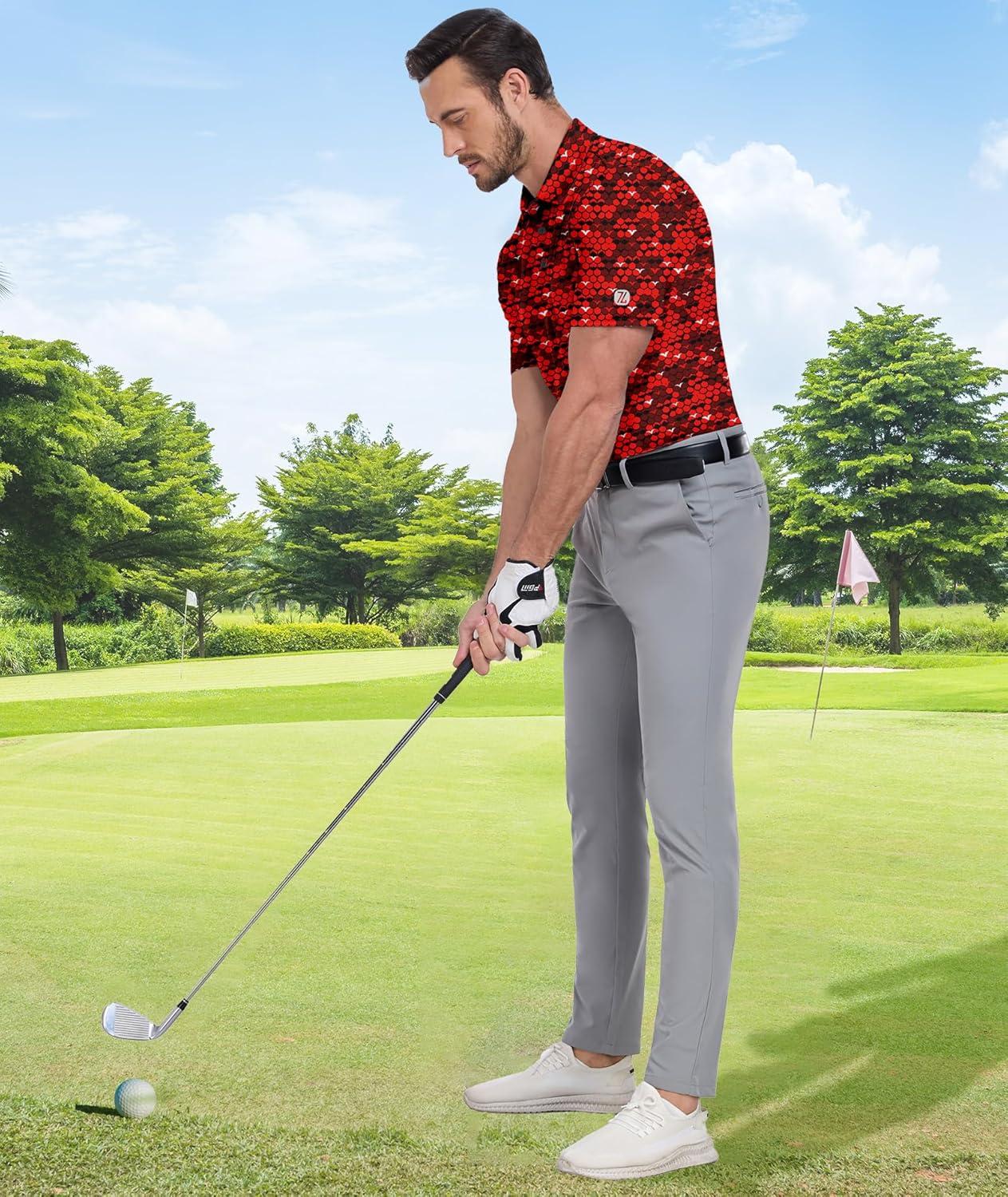imageZITY Mens Golf Shirt Short Sleeve Moisture Wicking Performance Daily Casual Print Patterns Collared Golf Polo Shirts for MenWine Red