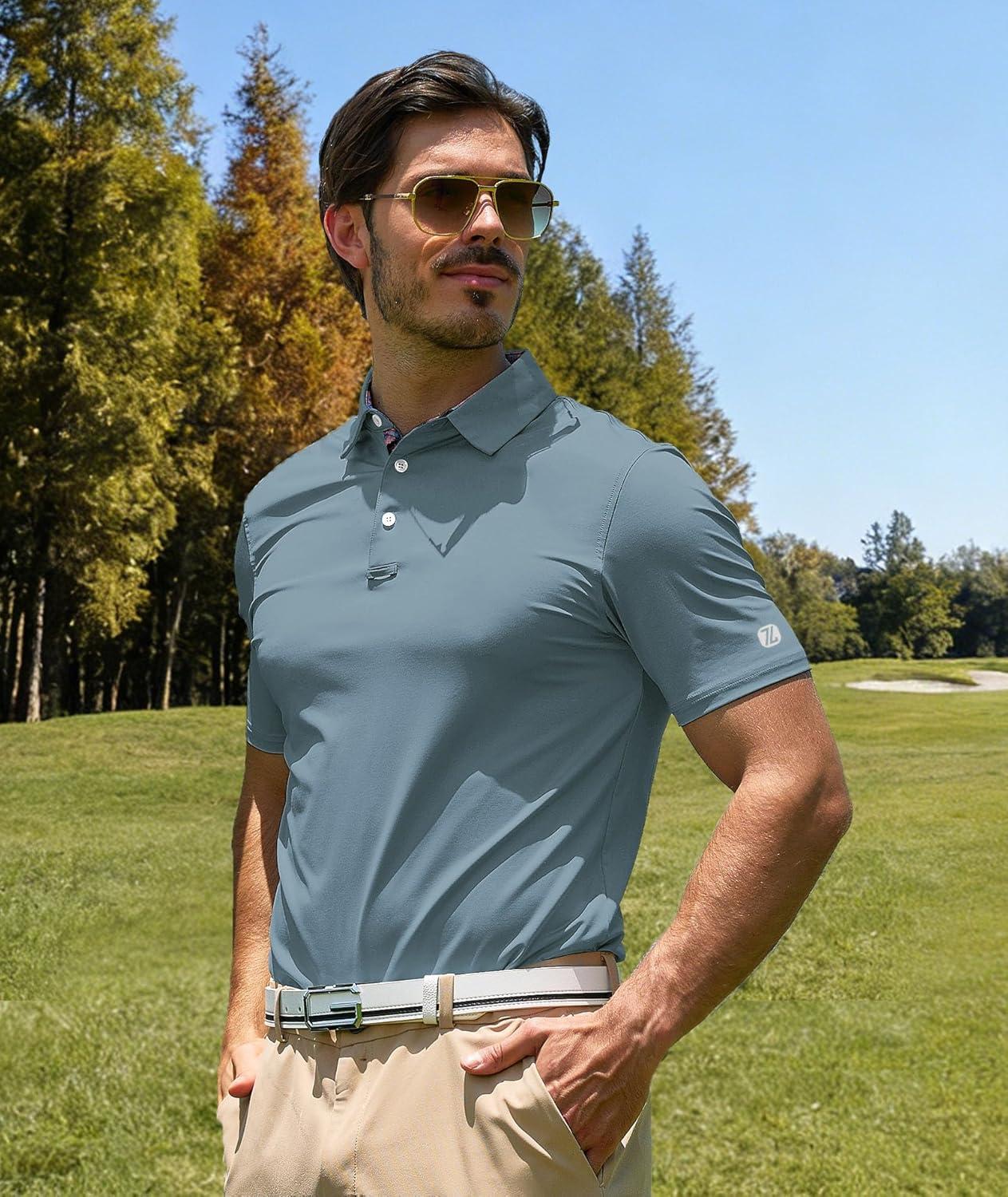 imageZITY Mens Golf Shirt Short Sleeve Moisture Wicking Polo Shirts for Men Performance Casual Stretchy Collared Polo ShirtSmog Blue