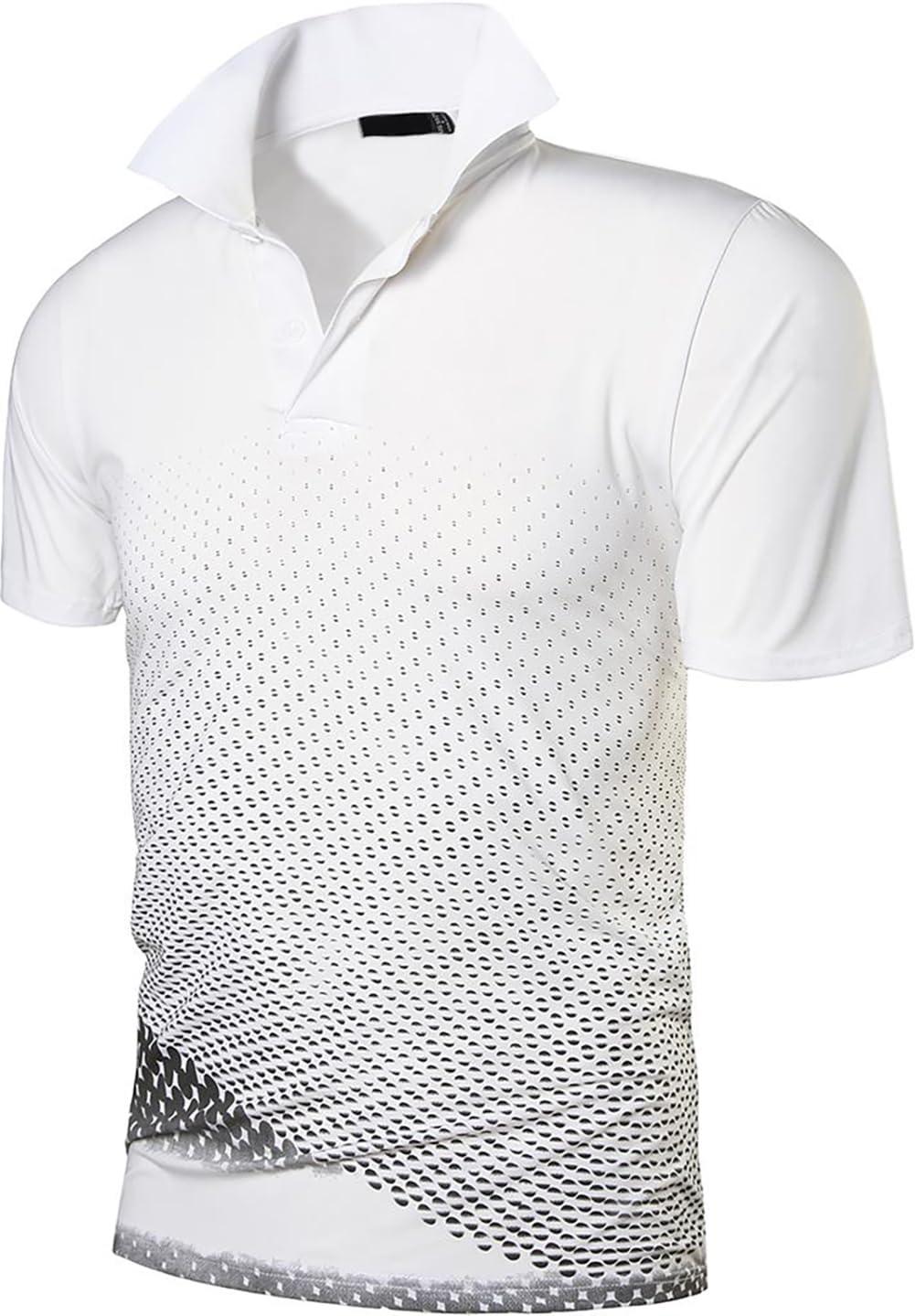 imageZITY Mens Golf Shirt Short Sleeve Performance Athletic Sport Moisture Wicking Tennis Print Tee Collared Polo Shirts for MenDot White