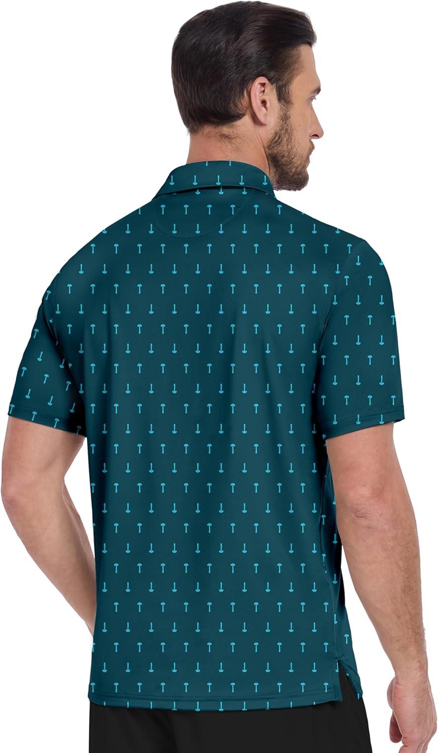imageZITY Mens Golf Shirts Short Sleeve Moisture Wicking Performance Print Patterns Casual Collared Golf Polo Shirt for MenDark Teal Blue Golf Tee