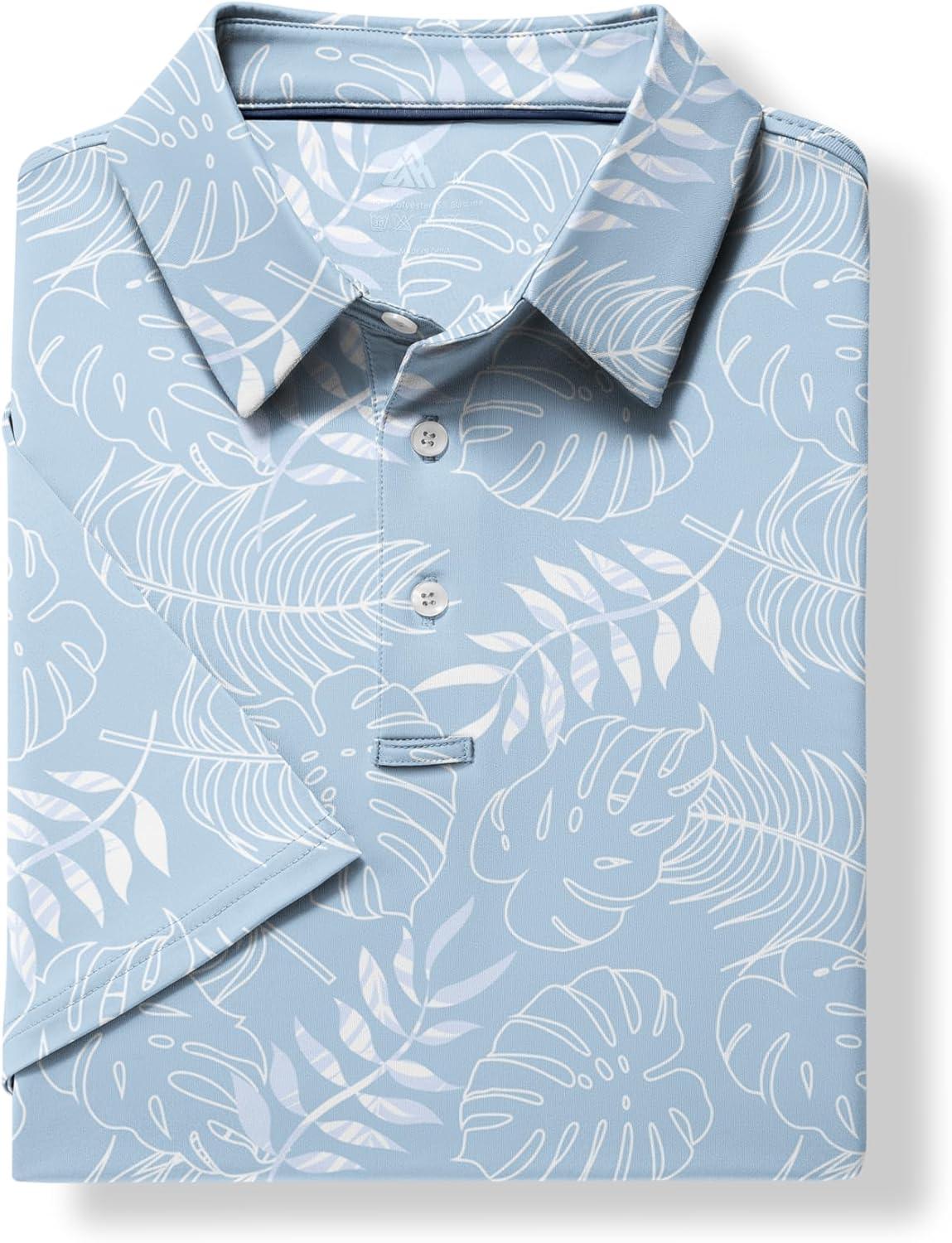 imageZITY Mens Golf Shirts Short Sleeve Moisture Wicking Performance Print Patterns Casual Collared Golf Polo Shirt for MenLight Blue Leaf