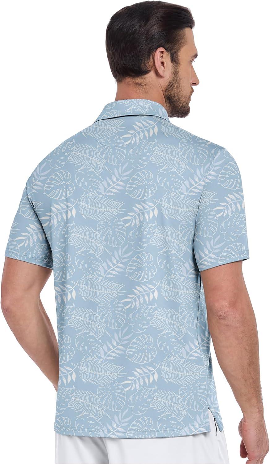 imageZITY Mens Golf Shirts Short Sleeve Moisture Wicking Performance Print Patterns Casual Collared Golf Polo Shirt for MenLight Blue Leaf