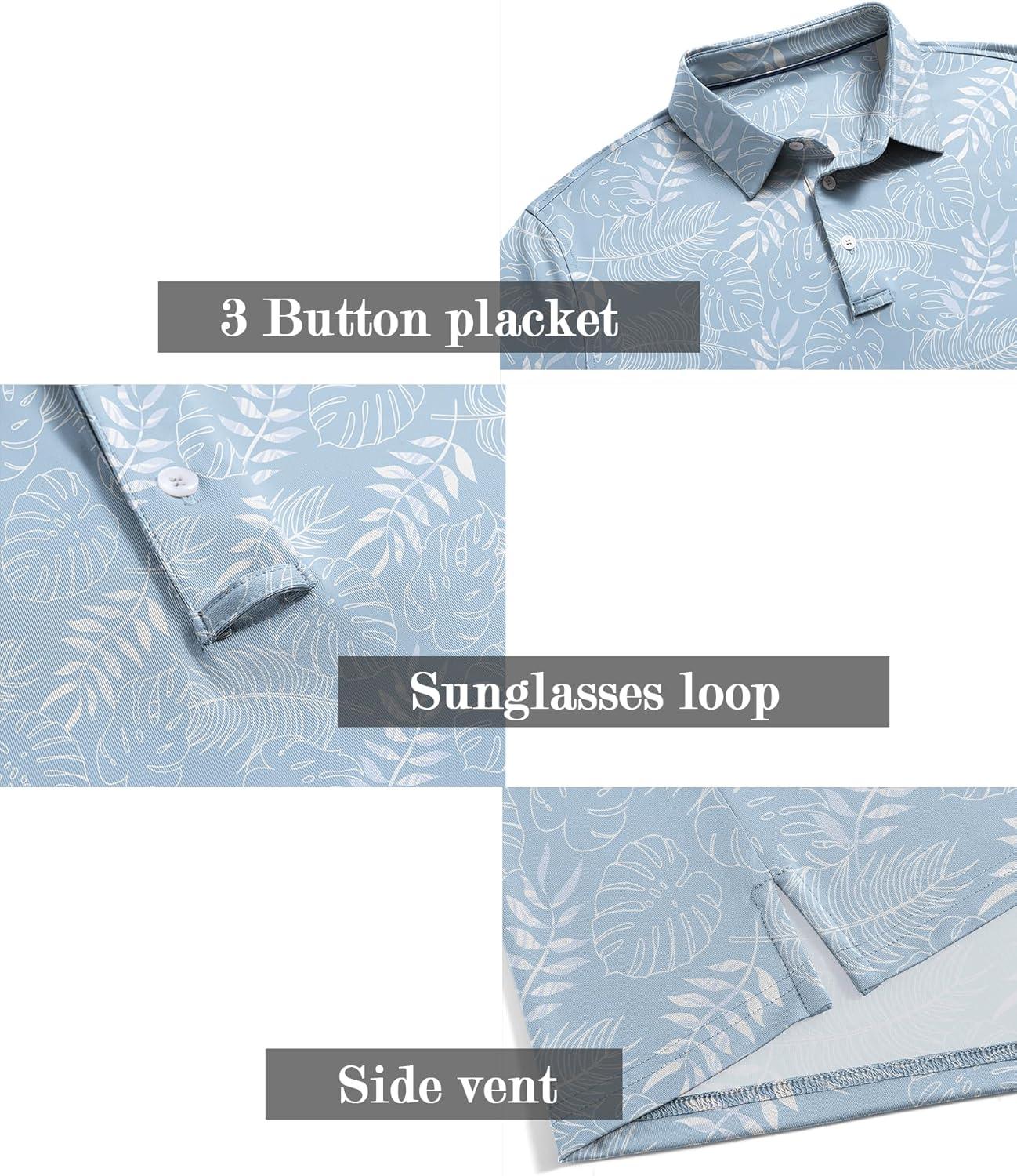 imageZITY Mens Golf Shirts Short Sleeve Moisture Wicking Performance Print Patterns Casual Collared Golf Polo Shirt for MenLight Blue Leaf
