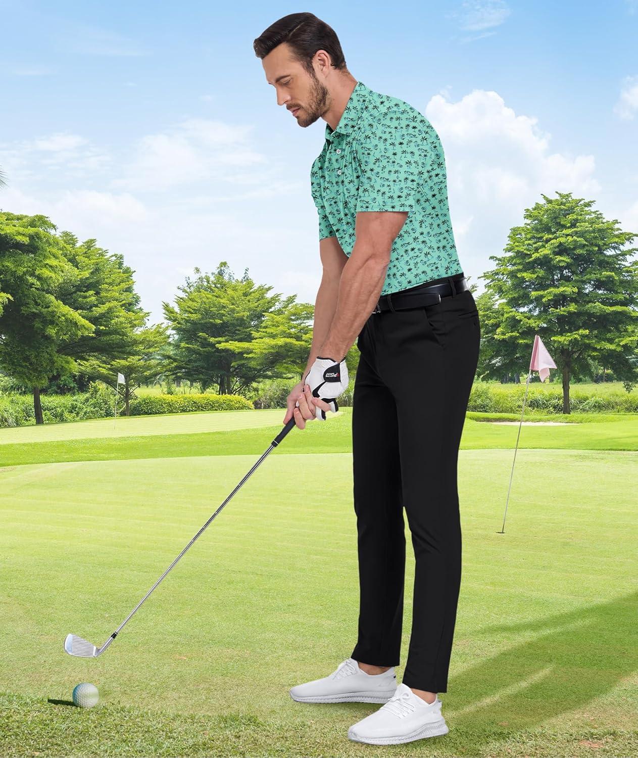 imageZITY Mens Golf Shirts Short Sleeve Moisture Wicking Performance Print Patterns Casual Collared Golf Polo Shirt for MenLight Green Tree