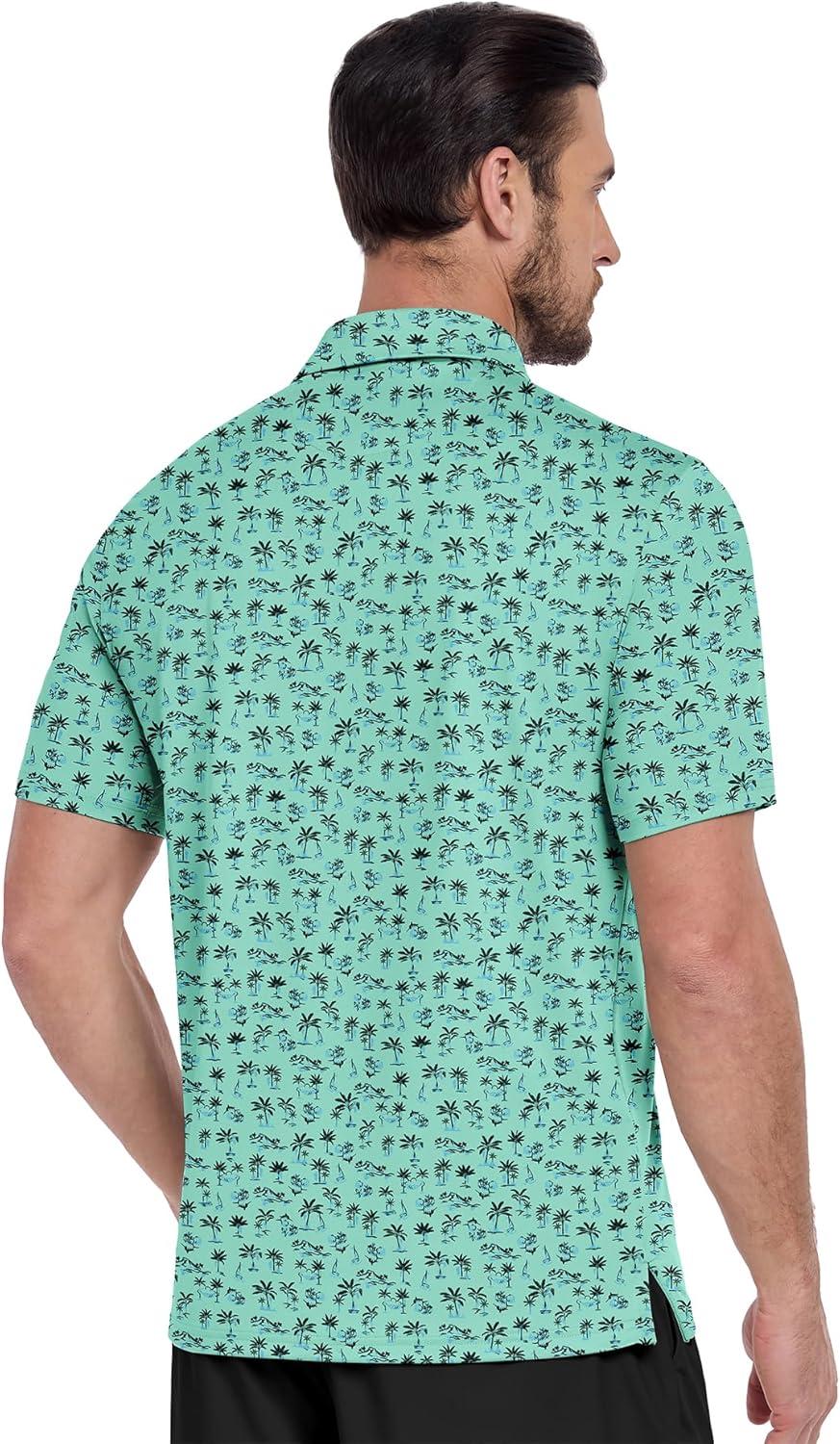 imageZITY Mens Golf Shirts Short Sleeve Moisture Wicking Performance Print Patterns Casual Collared Golf Polo Shirt for MenLight Green Tree