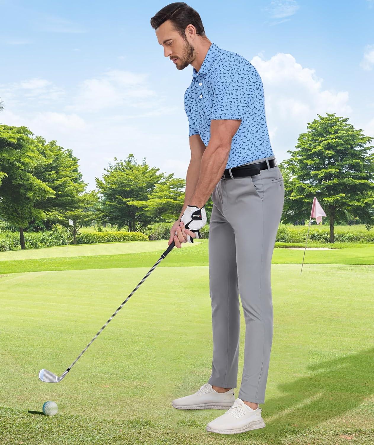 imageZITY Mens Golf Shirts Short Sleeve Moisture Wicking Performance Print Patterns Casual Collared Golf Polo Shirt for MenMoon Blue Dinosaur
