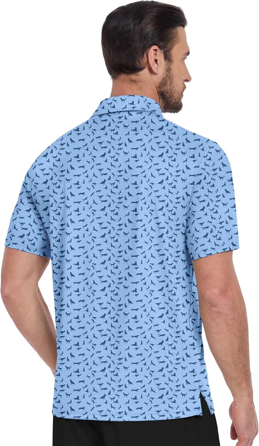 imageZITY Mens Golf Shirts Short Sleeve Moisture Wicking Performance Print Patterns Casual Collared Golf Polo Shirt for MenMoon Blue Dinosaur
