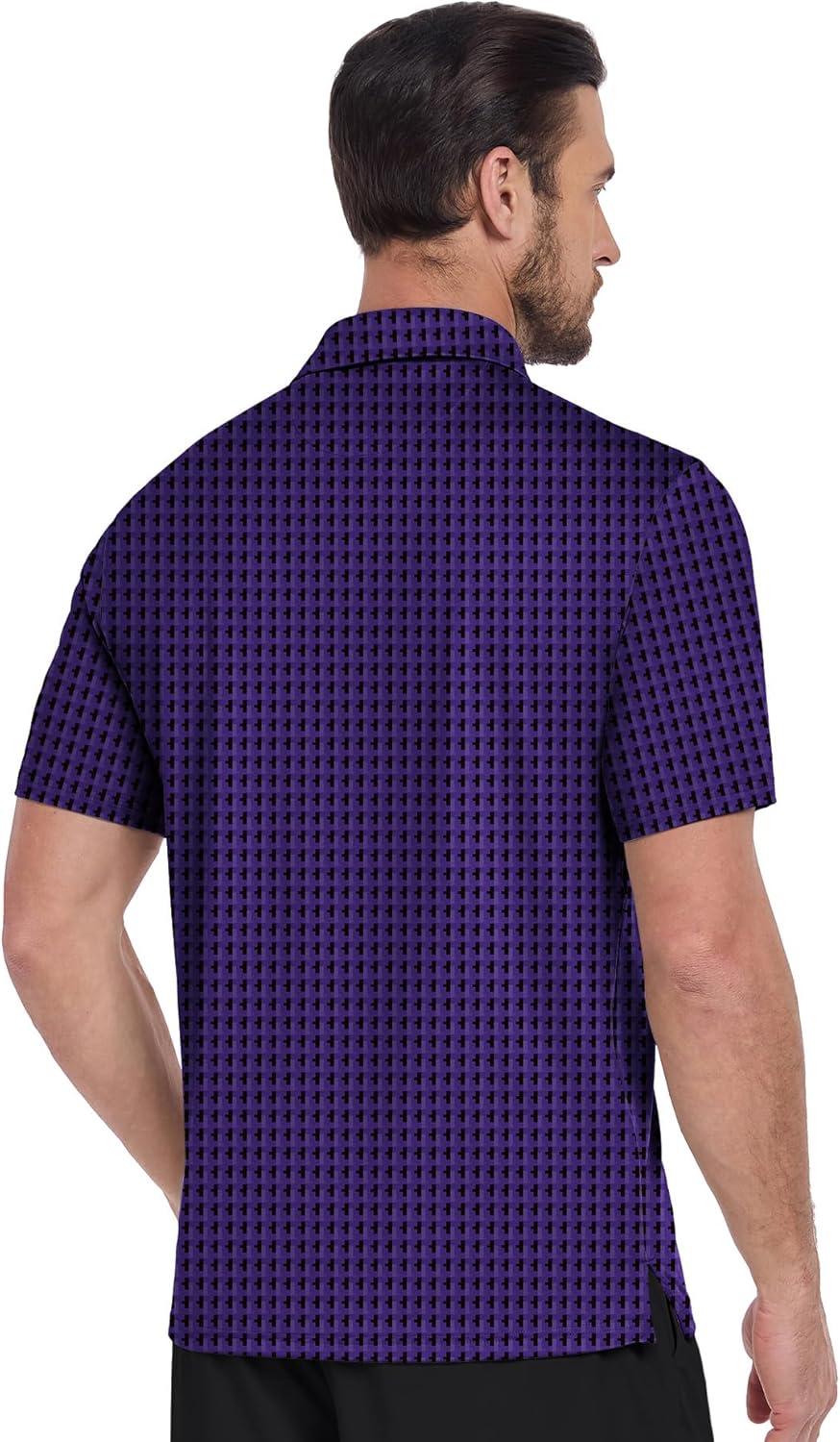 imageZITY Mens Golf Shirts Short Sleeve Moisture Wicking Performance Print Patterns Casual Collared Golf Polo Shirt for MenPurple Block