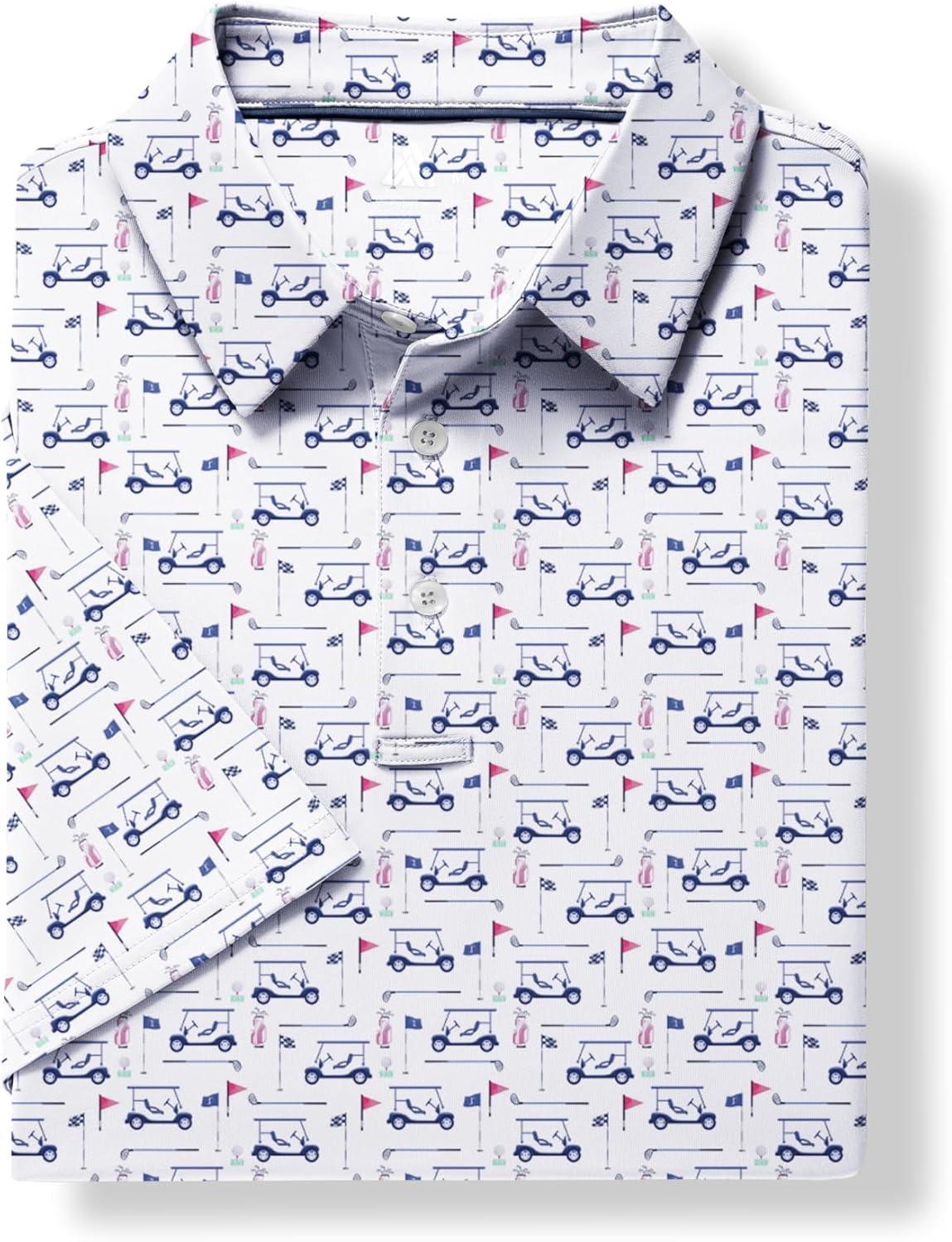 imageZITY Mens Golf Shirts Short Sleeve Moisture Wicking Performance Print Patterns Casual Collared Golf Polo Shirt for MenWhite Golf Cart