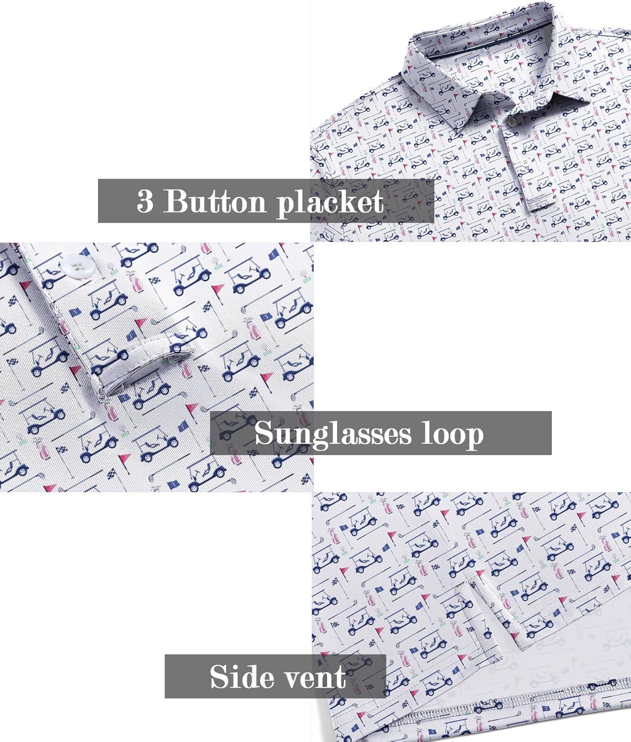 imageZITY Mens Golf Shirts Short Sleeve Moisture Wicking Performance Print Patterns Casual Collared Golf Polo Shirt for MenWhite Golf Cart