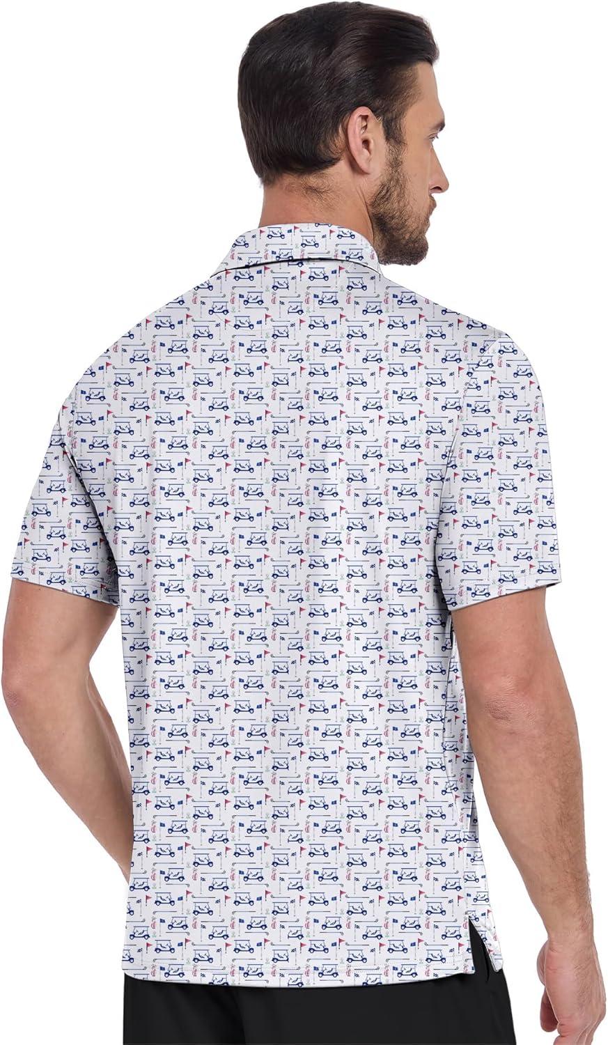 imageZITY Mens Golf Shirts Short Sleeve Moisture Wicking Performance Print Patterns Casual Collared Golf Polo Shirt for MenWhite Golf Cart
