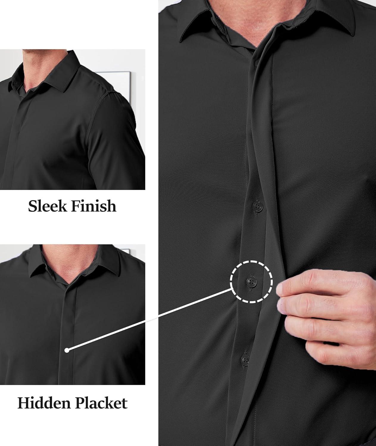 imageZITY Mens Hidden Placket Dress Shirts Long Sleeve Button Down Shirt Business Casual ShirtsBlack