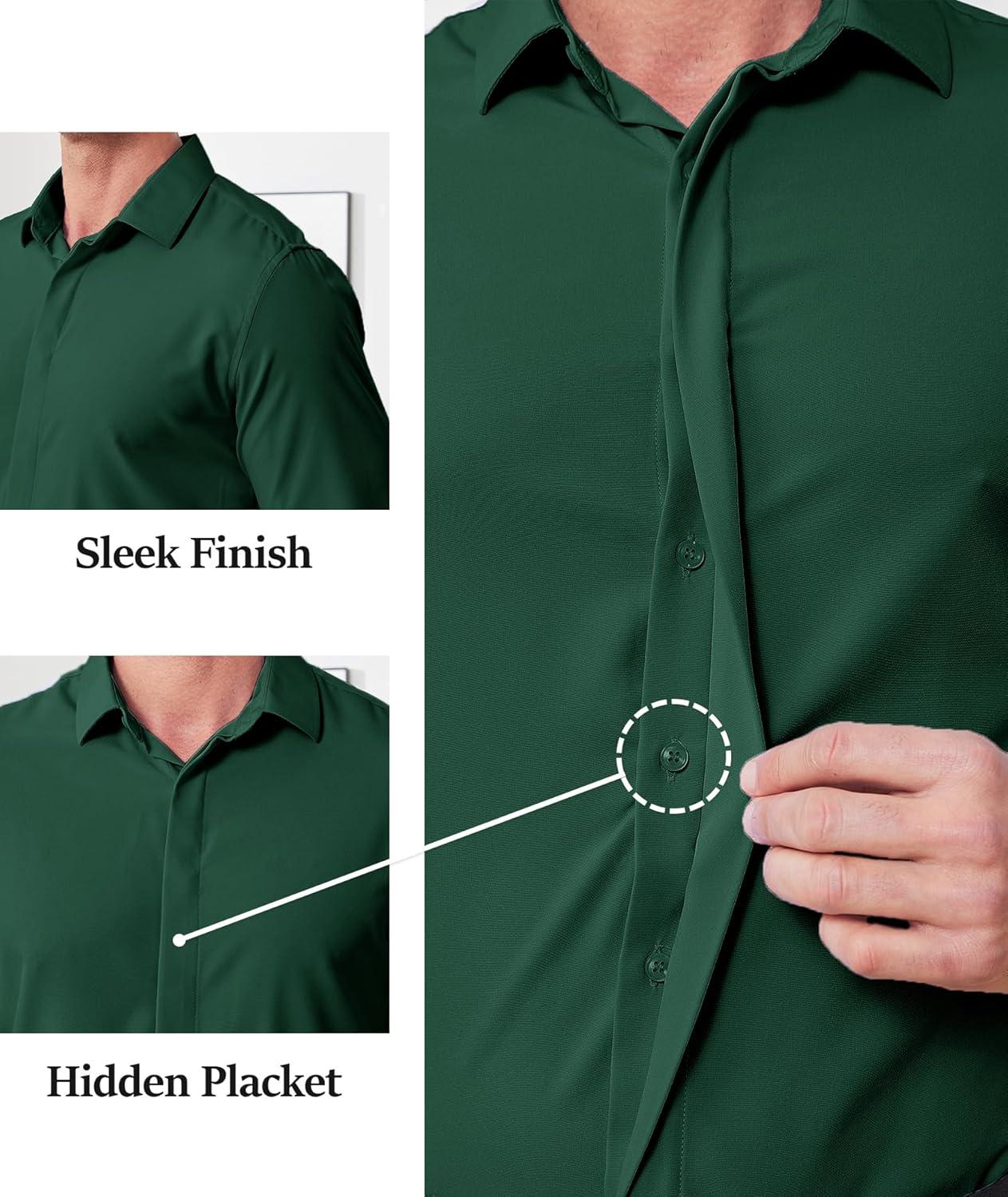 imageZITY Mens Hidden Placket Dress Shirts Long Sleeve Button Down Shirt Business Casual ShirtsDark Green