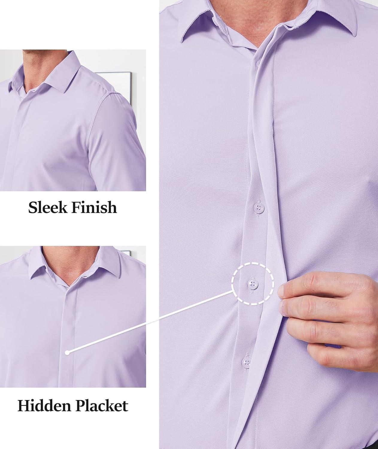 imageZITY Mens Hidden Placket Dress Shirts Long Sleeve Button Down Shirt Business Casual ShirtsLavender