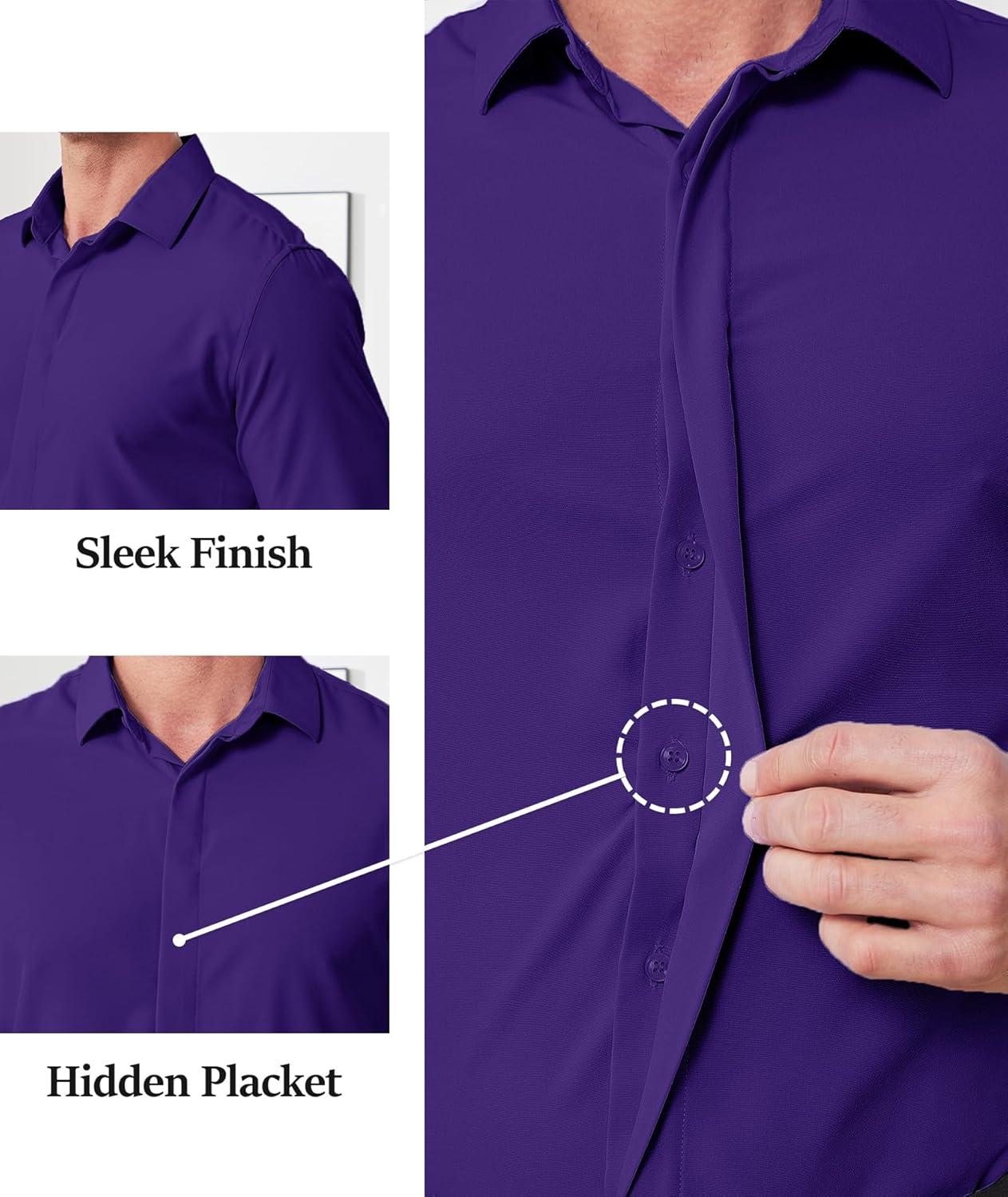 imageZITY Mens Hidden Placket Dress Shirts Long Sleeve Button Down Shirt Business Casual ShirtsPurple