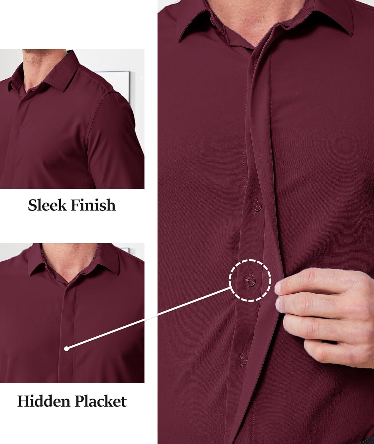 imageZITY Mens Hidden Placket Dress Shirts Long Sleeve Button Down Shirt Business Casual ShirtsWine Red