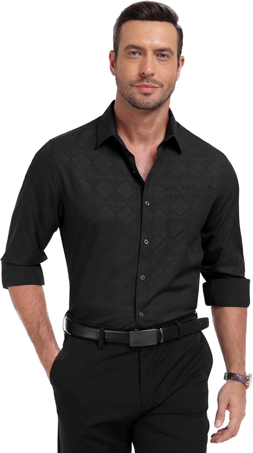 imageZITY Mens Long Sleeve Button Down Shirt Jacquard Dress Shirts Casual Paisley Shirt for Wedding PartyBlack