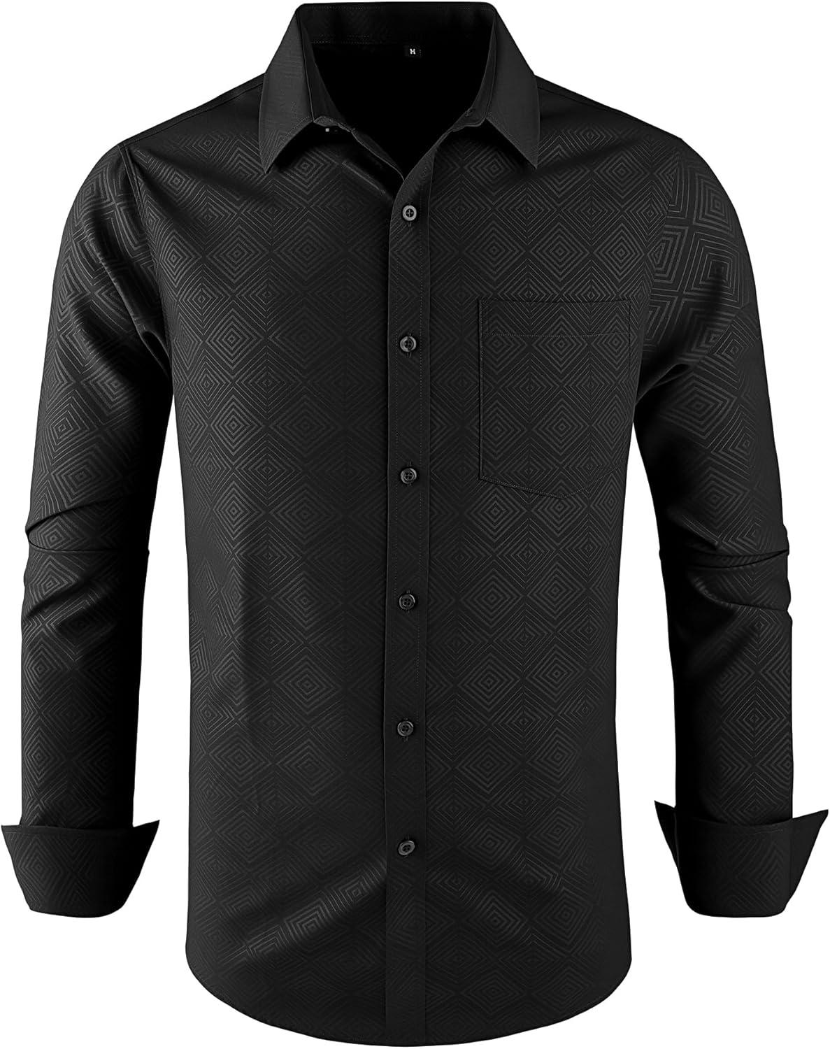 imageZITY Mens Long Sleeve Button Down Shirt Jacquard Dress Shirts Casual Paisley Shirt for Wedding PartyBlack