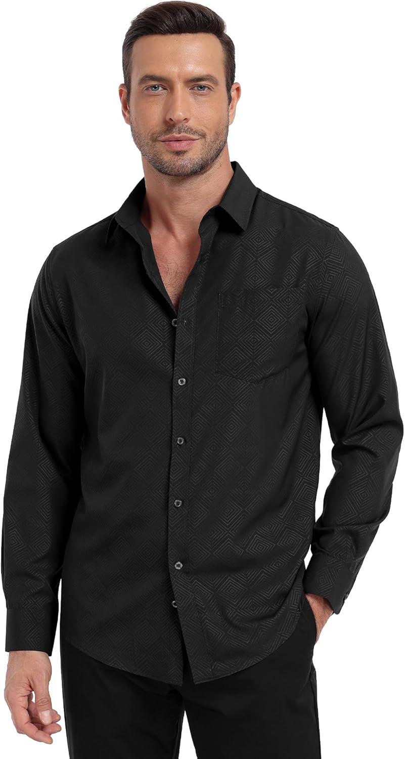 imageZITY Mens Long Sleeve Button Down Shirt Jacquard Dress Shirts Casual Paisley Shirt for Wedding PartyBlack