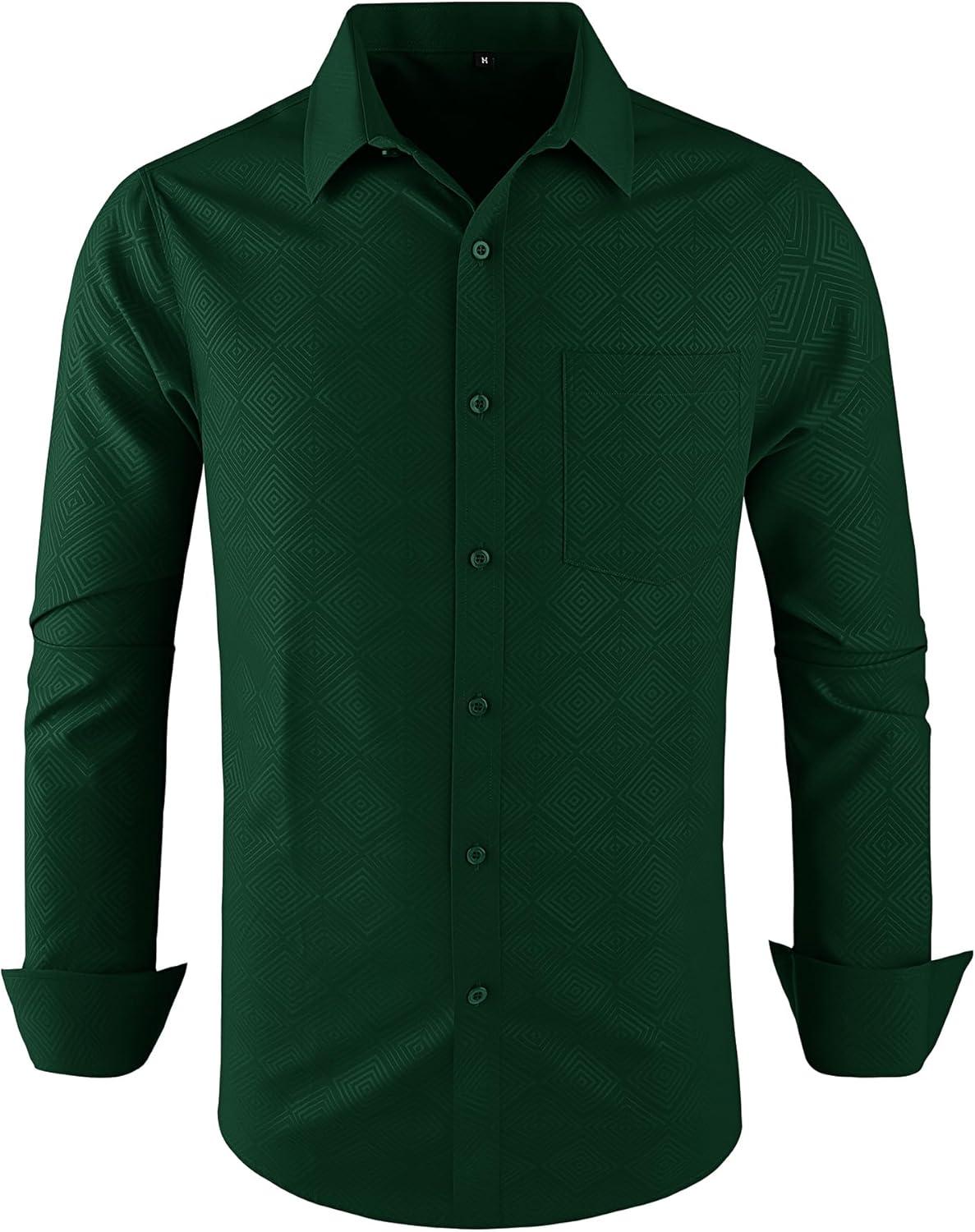 imageZITY Mens Long Sleeve Button Down Shirt Jacquard Dress Shirts Casual Paisley Shirt for Wedding PartyDark Green