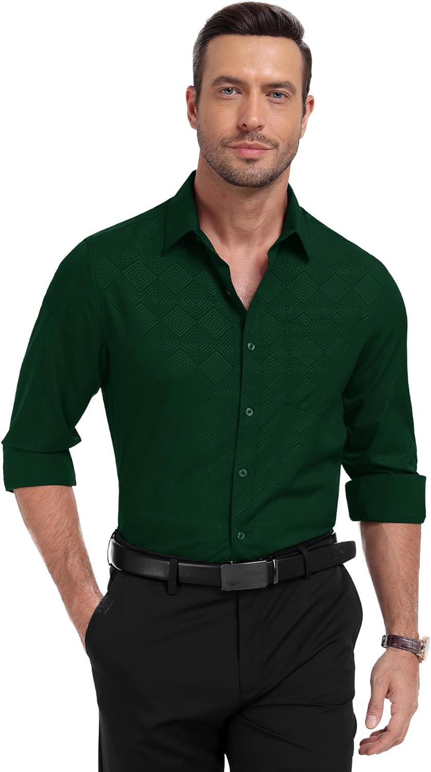 imageZITY Mens Long Sleeve Button Down Shirt Jacquard Dress Shirts Casual Paisley Shirt for Wedding PartyDark Green