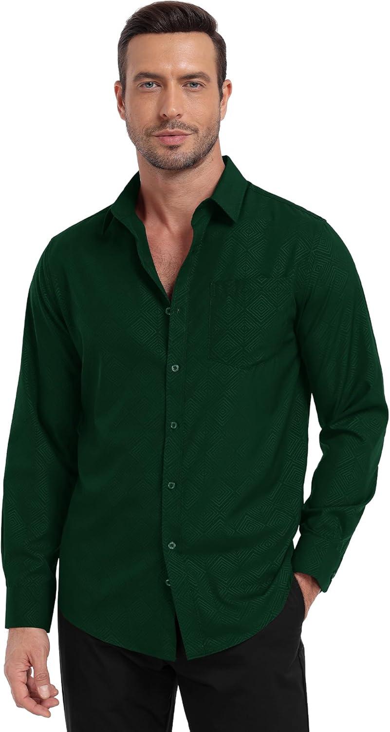 imageZITY Mens Long Sleeve Button Down Shirt Jacquard Dress Shirts Casual Paisley Shirt for Wedding PartyDark Green