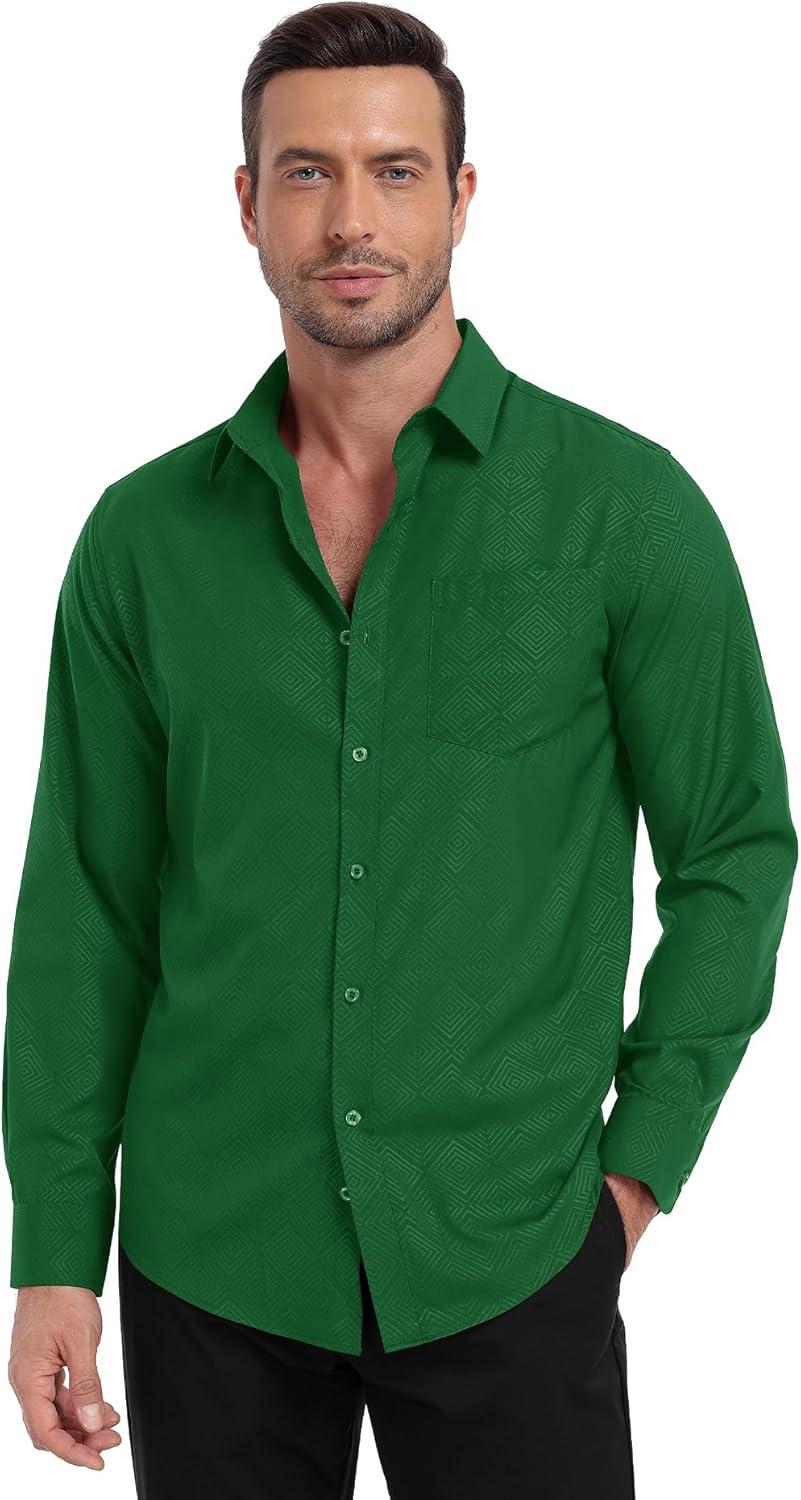 imageZITY Mens Long Sleeve Button Down Shirt Jacquard Dress Shirts Casual Paisley Shirt for Wedding PartyGreen
