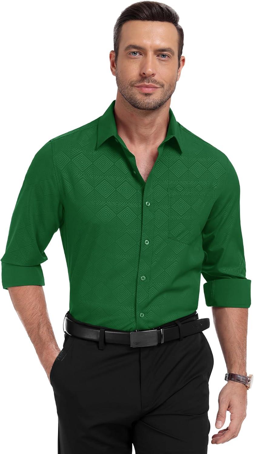 imageZITY Mens Long Sleeve Button Down Shirt Jacquard Dress Shirts Casual Paisley Shirt for Wedding PartyGreen