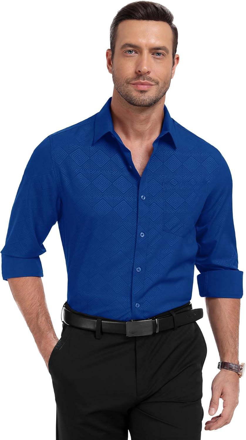 imageZITY Mens Long Sleeve Button Down Shirt Jacquard Dress Shirts Casual Paisley Shirt for Wedding PartyRoyal Blue