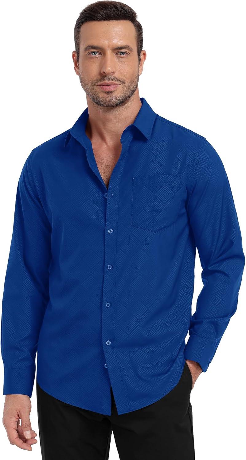 imageZITY Mens Long Sleeve Button Down Shirt Jacquard Dress Shirts Casual Paisley Shirt for Wedding PartyRoyal Blue