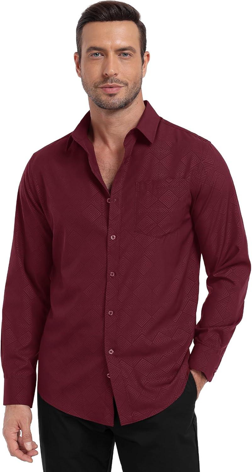 imageZITY Mens Long Sleeve Button Down Shirt Jacquard Dress Shirts Casual Paisley Shirt for Wedding PartyWine Red