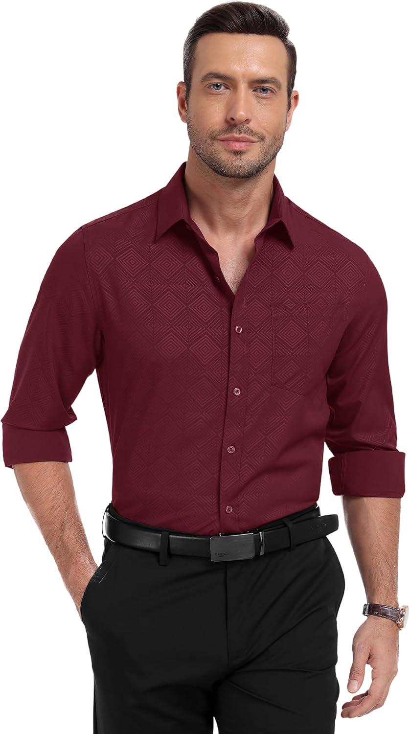 imageZITY Mens Long Sleeve Button Down Shirt Jacquard Dress Shirts Casual Paisley Shirt for Wedding PartyWine Red