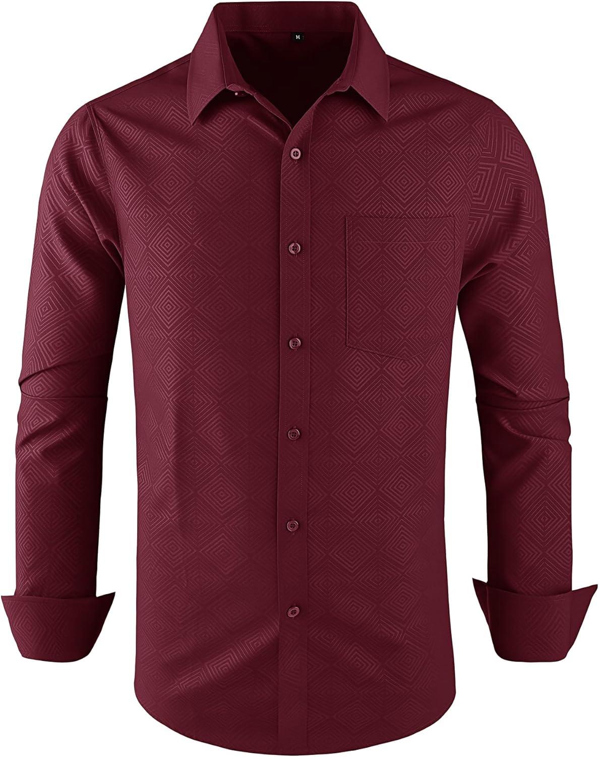 imageZITY Mens Long Sleeve Button Down Shirt Jacquard Dress Shirts Casual Paisley Shirt for Wedding PartyWine Red