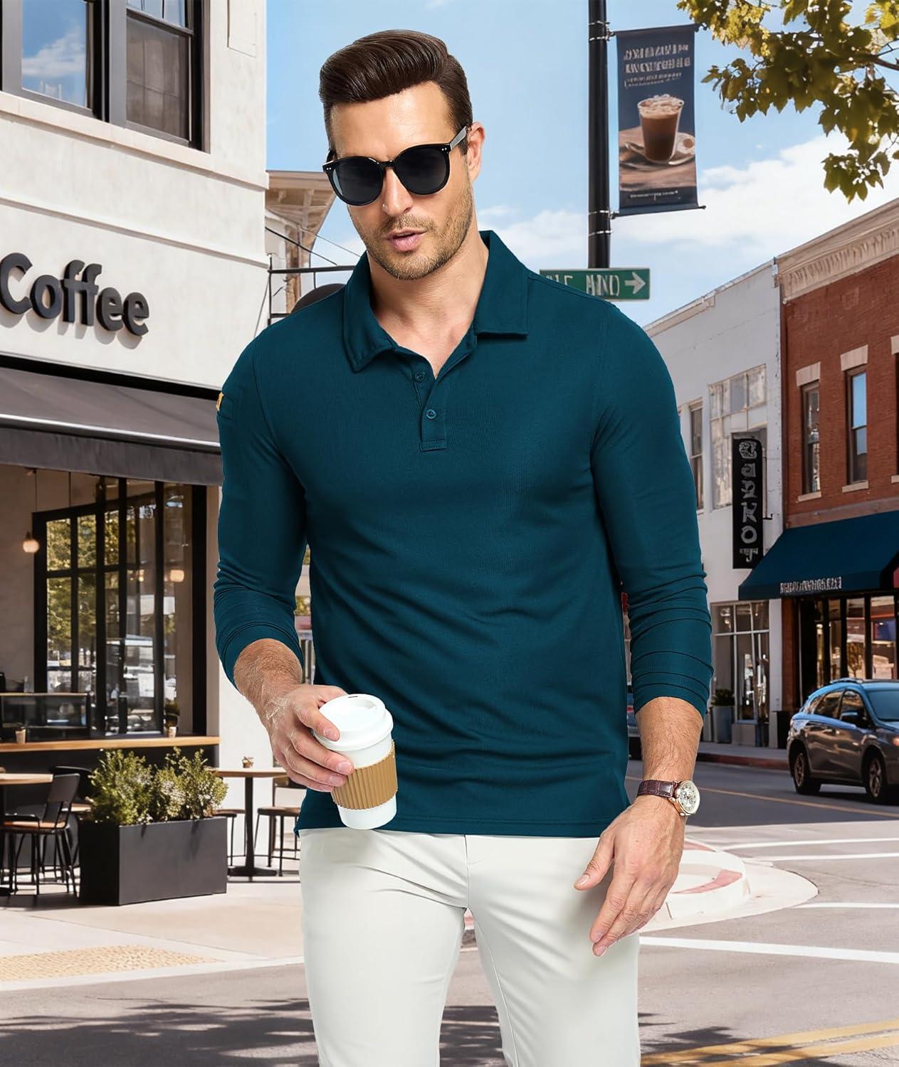 imageZITY Mens Polo Shirts Button Down Lightweight Moisture Wicking Long Sleeve Tactical Golf Performance Casual Shirts Work TeeDark Teal Blue